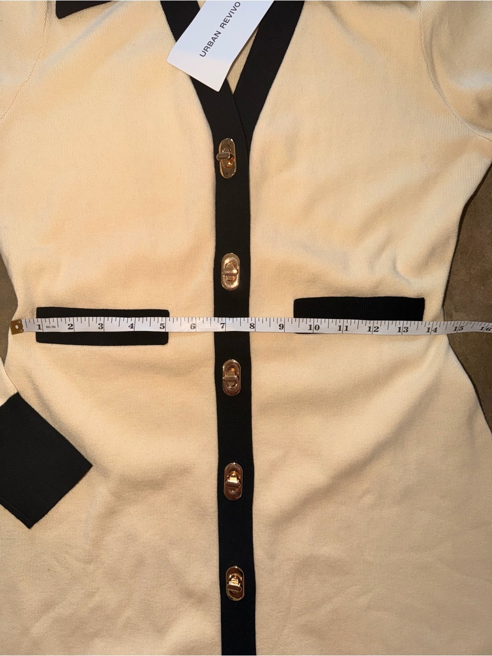 Urban Revivo NWT Contrast Knit Sweater Dress Gold Buttons Ivory Black US 8 - Picture 10 of 13